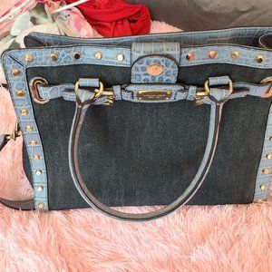 Michael Kors Selma Denim Blue & Perriwinkle Studded Large ShoUlder Bag Purse.